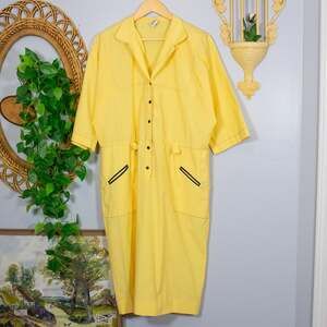VTG Yellow Utility Jumper Dress Zip Pocket Collar Shirt Dress Safari True Spring